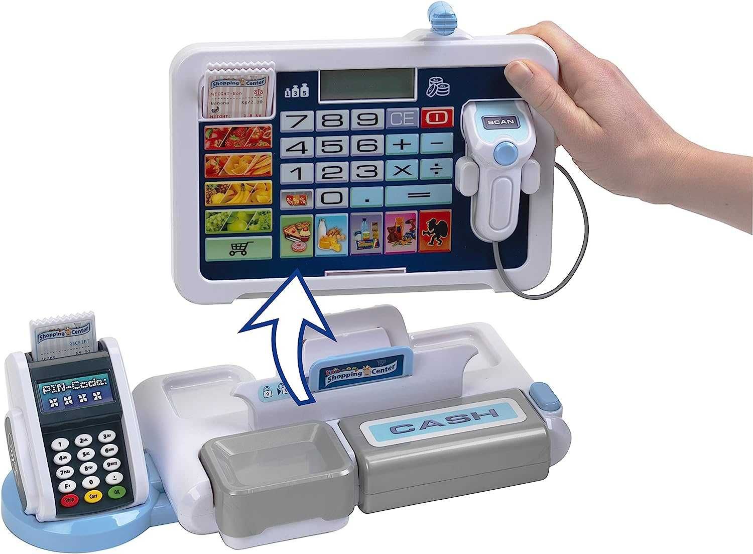Zabawka kasa + terminal POS i skaner dla małych kasjerów