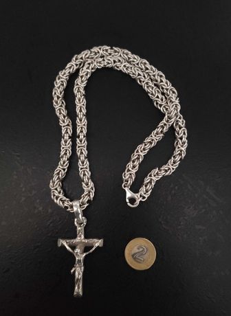 Łańcuch srebrny, splot królewski bizantyjski 131 g , 60 cm, krzyż 925.