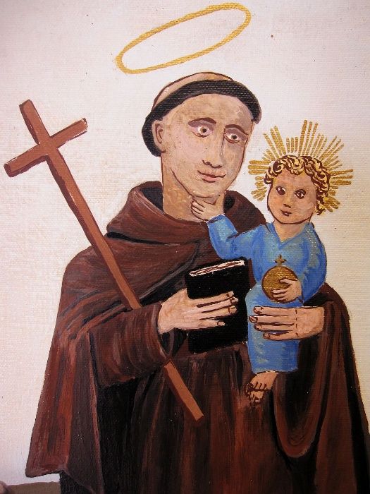 Santo António com o menino Jesus-Pintura em guache sobre tela