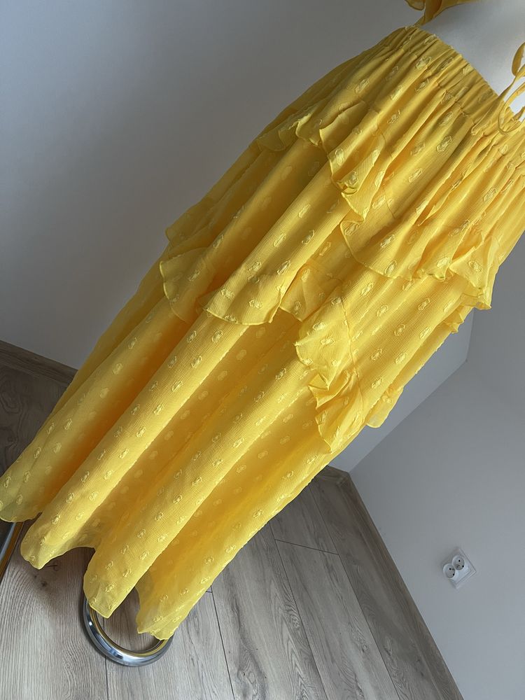 Długa żółta sukienka z falbankami ASOS r.46