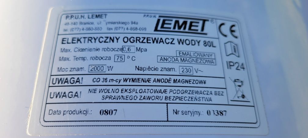 Elektryczy podgrzewacz wody  Lemet "bojler" 80 l