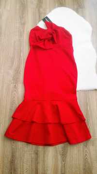 Czerwona sukienka midi z kokardą Wesele Party