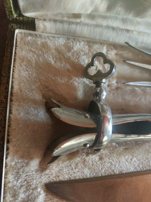 Conjunto para cortar pernas de presunto em caixa com alças de prata