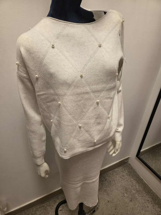 Damski Komplet Swetrowy Sukienka + Sweter Biały   S M