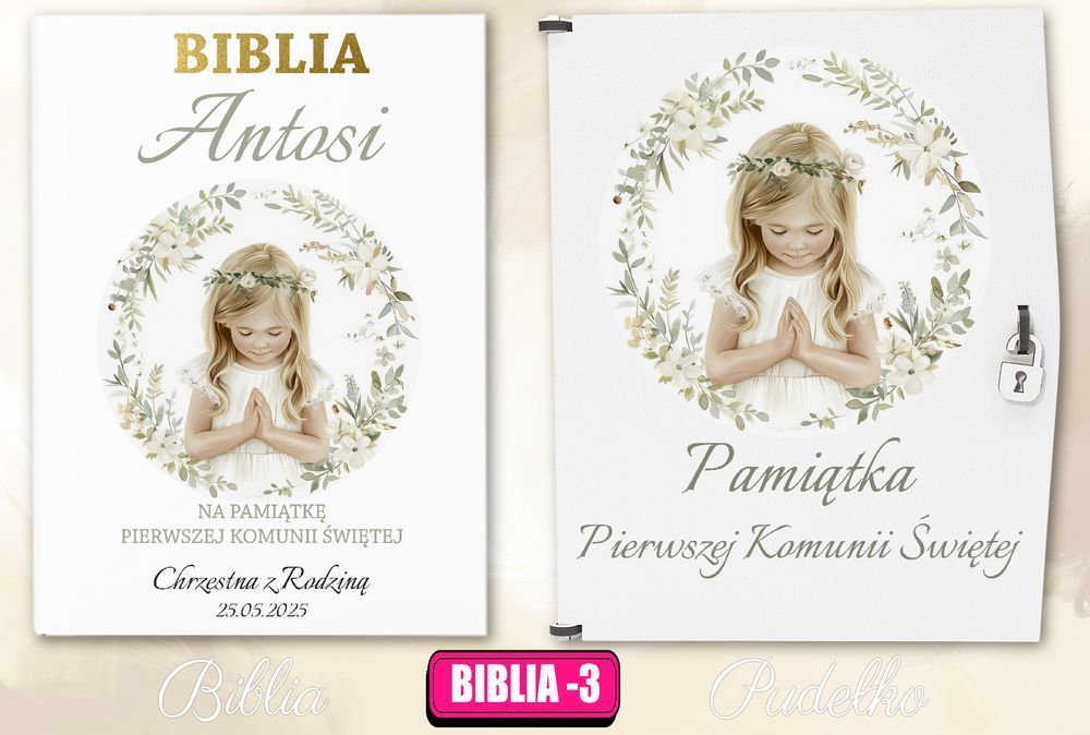 Biblia w pudełku pamiątka Pierwszej Komunii Świętej prezent na Komunię