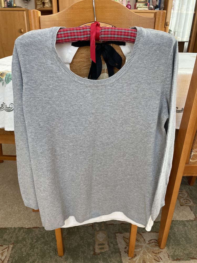Terranova  sweter szaro biały z wiązaniem z tyłu