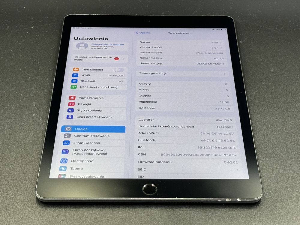 iPad 7. gen. 32GB (A2198) - Cellular (LTE) - faktura VAT 23%