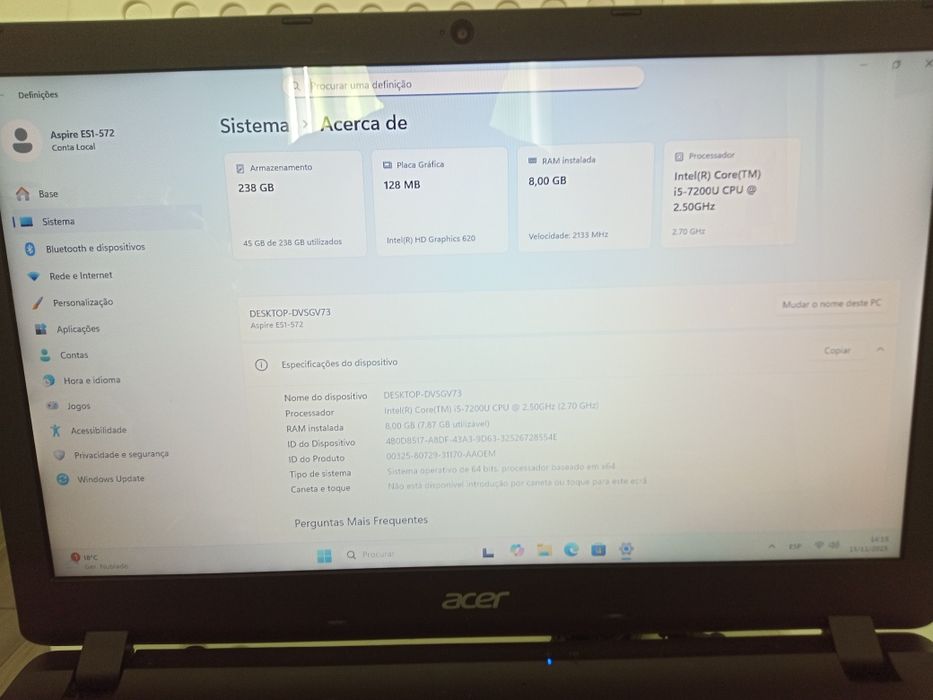 Acer Aspire ES 15 - i5-7200U - 8GB - SSD 256GB