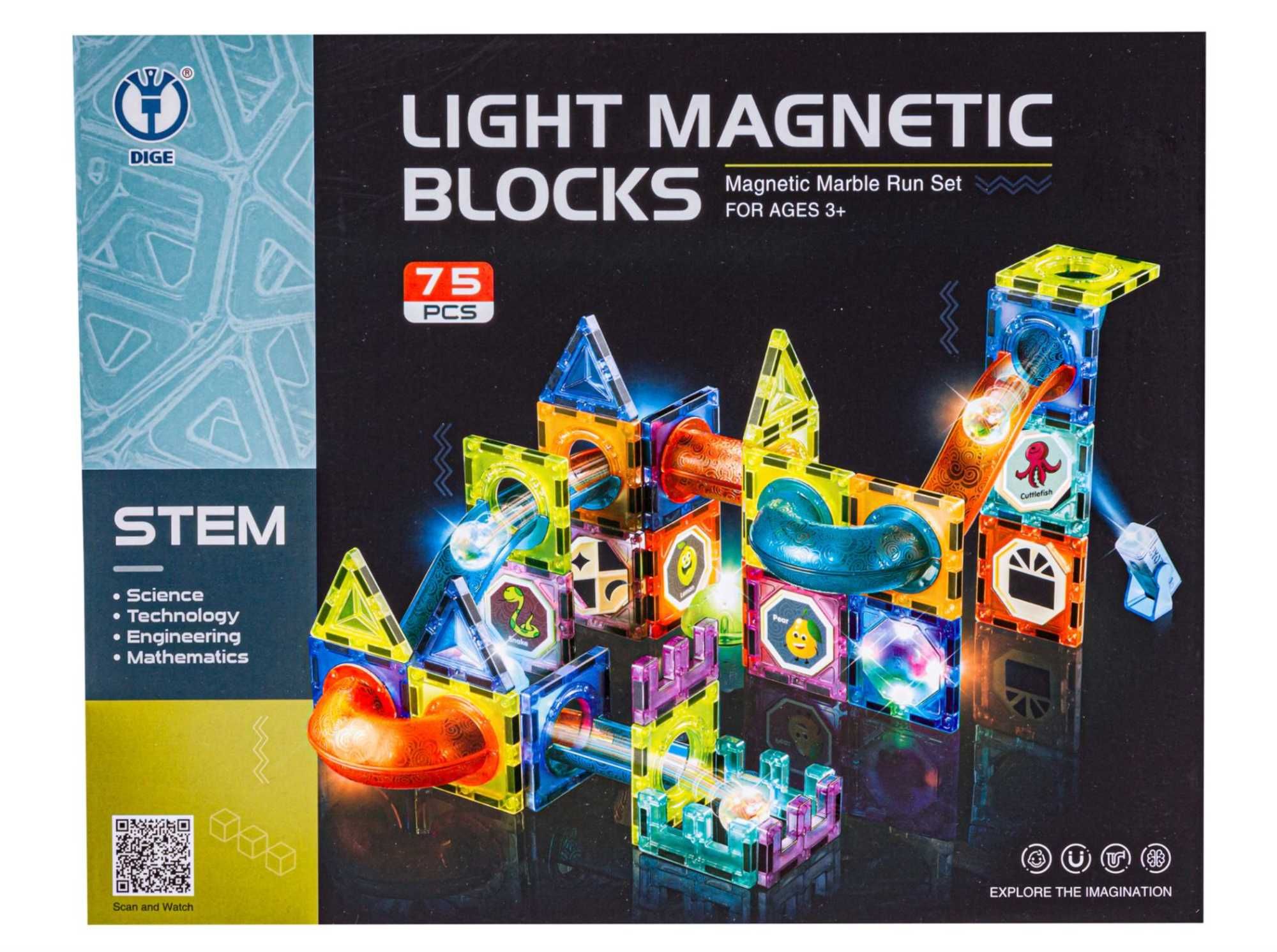 Świecące Klocki Magnetyczne Tor Kulkowy Dla Kulek 75 Elementów