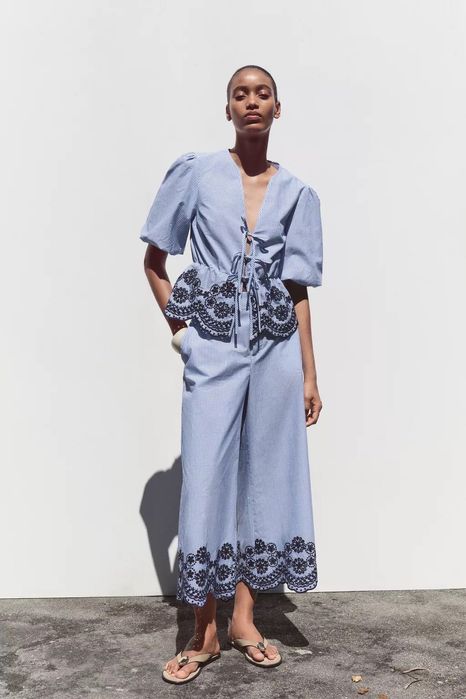 ZARA блакитний костюм котоновий кюлоти блуза в смужку хлопковый синий