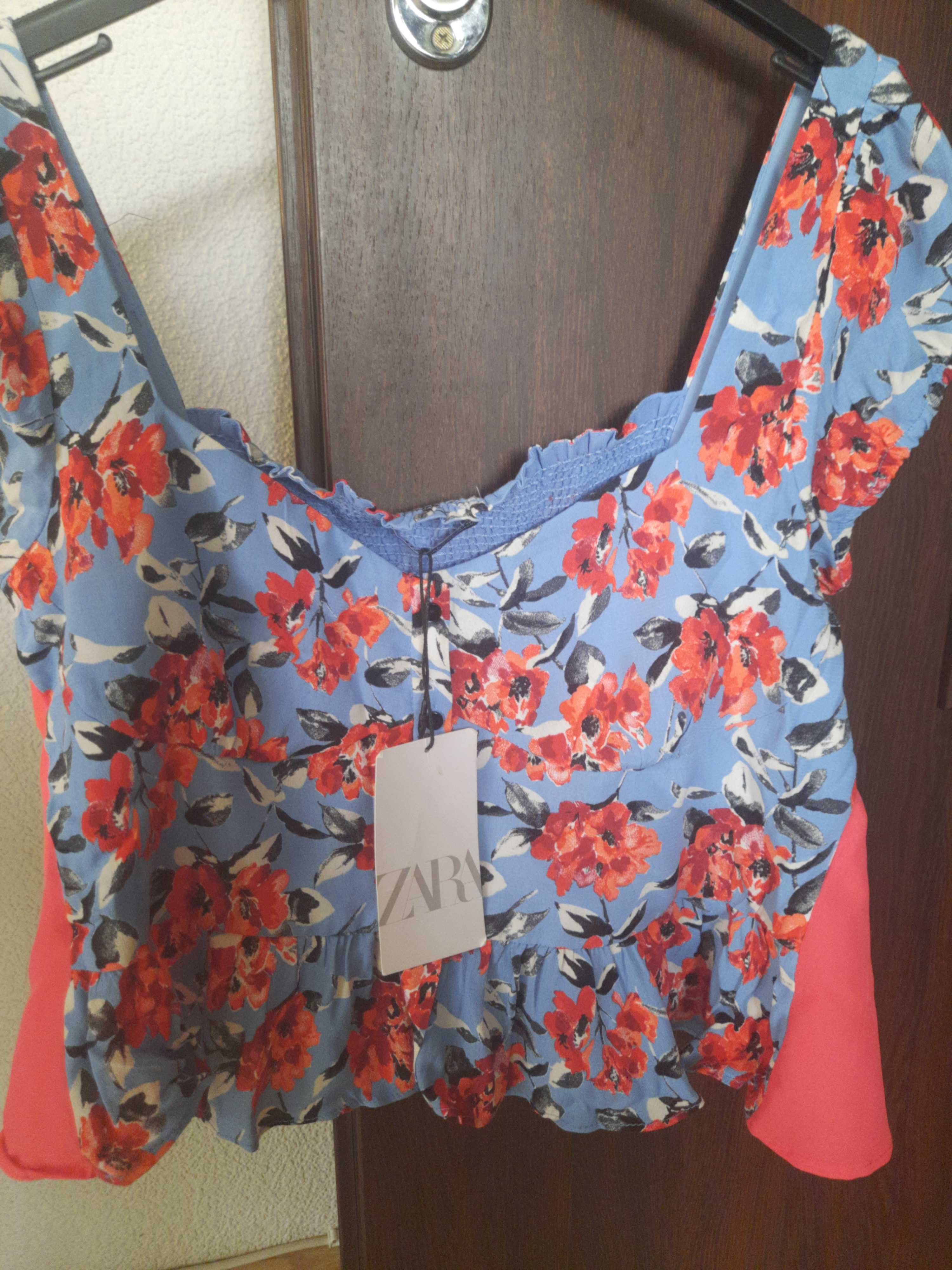 Bluzka  letnia  Zara  niebieska  kwiaty kolorowa M nowa