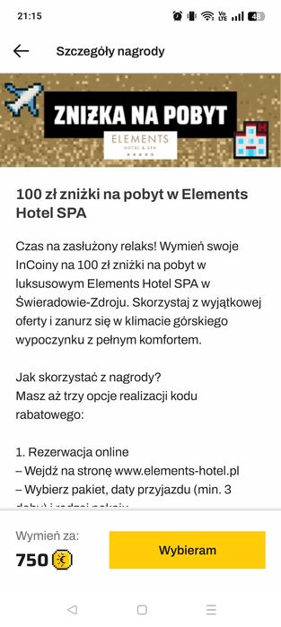 Voucher kupon  bon o wartości 100zł na pobyt w elements hotel!!