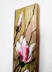 Magnolia, obraz kwiaty, deska, ręcznie malowane, dekoracja wiosenna