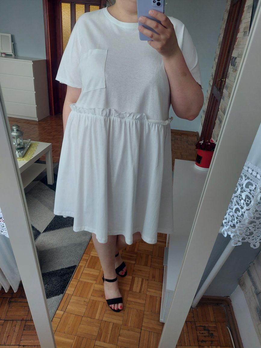 Nowa biała sukienka 100% bawełna duży rozmiar 50 52 rozkloszowana