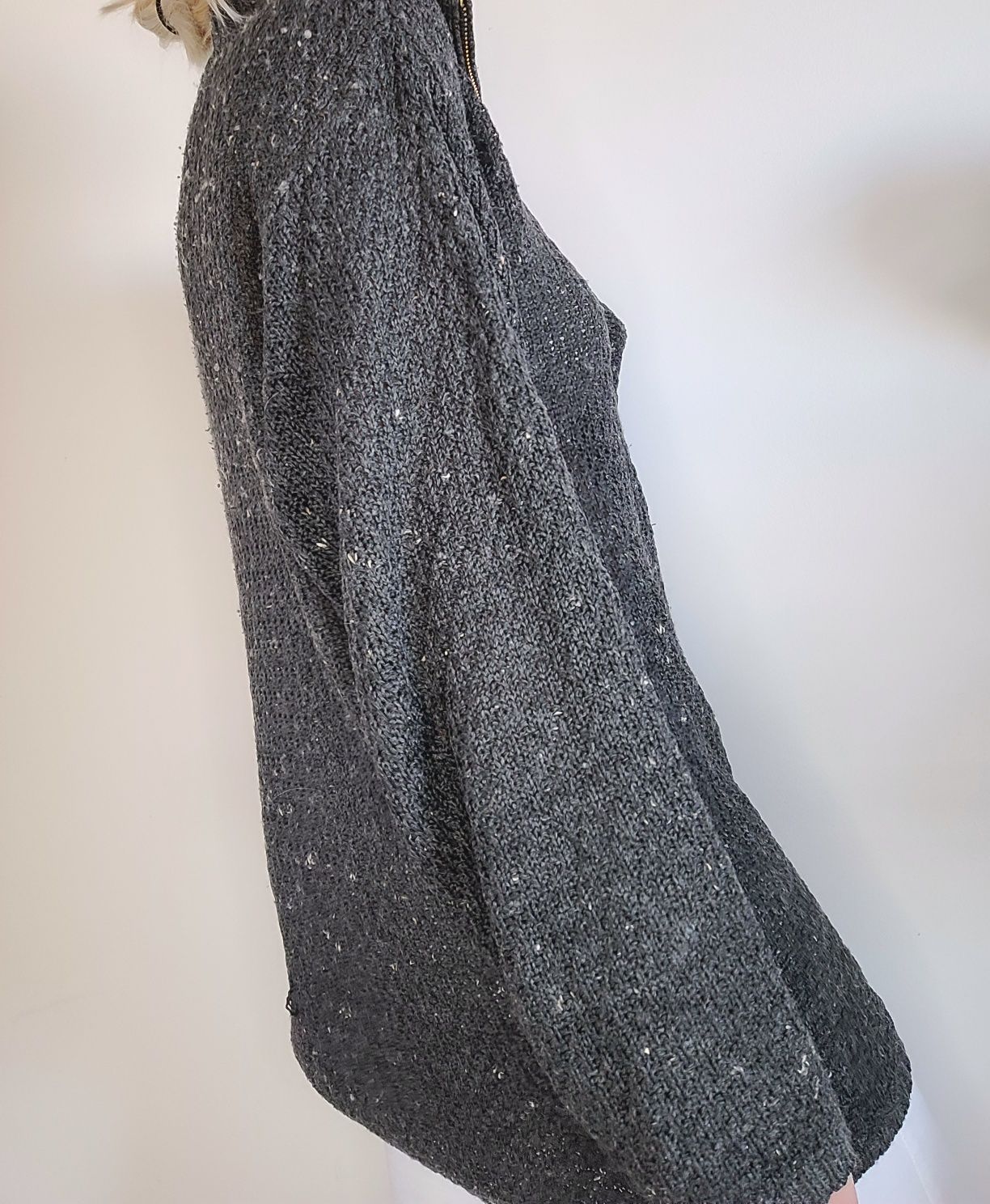 Szary wełniany sweter oversize kwiaty zip kołnierzyk unikat vintage
