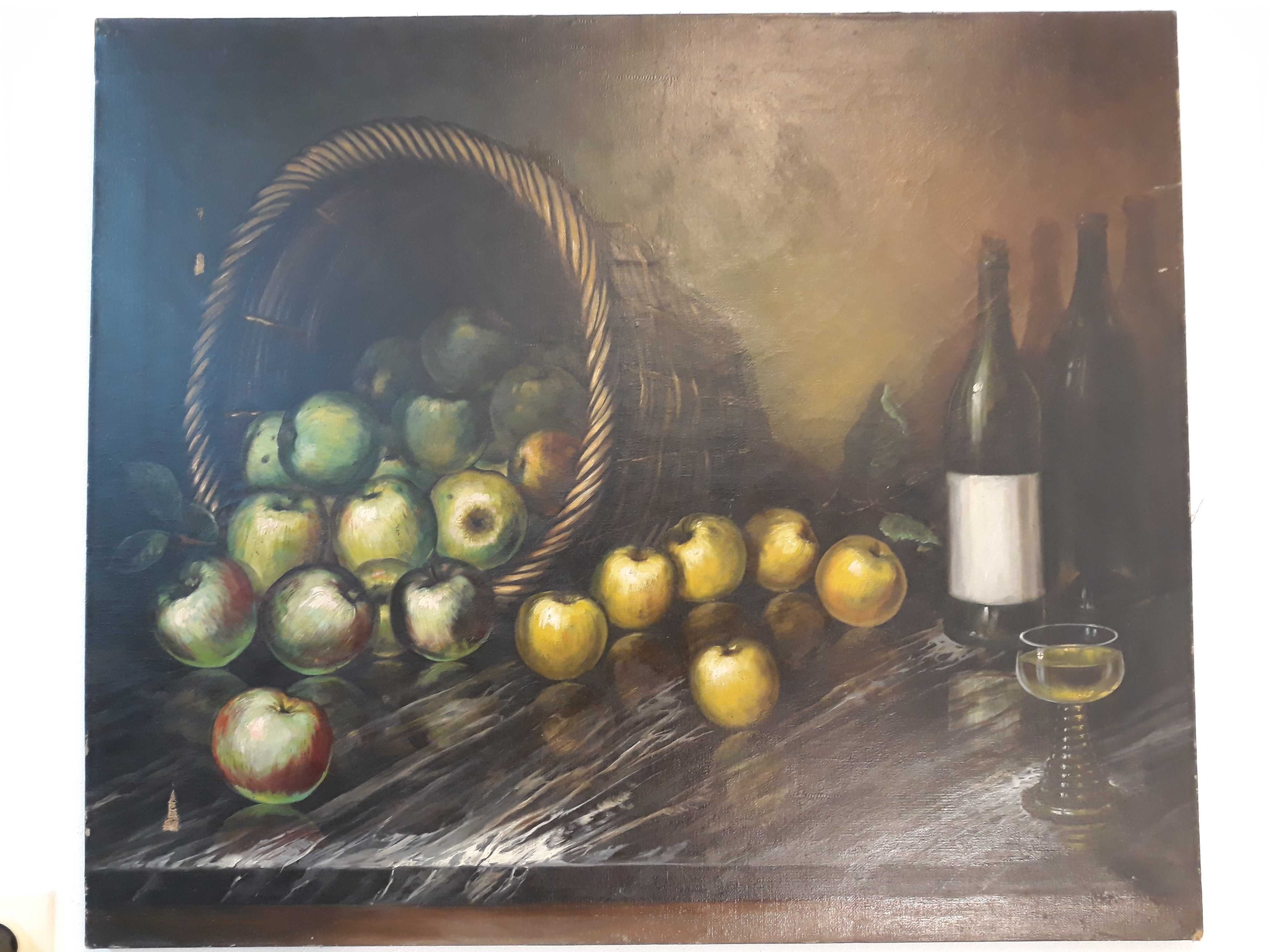 Stary obraz olejny na płótnie, martwa natura, zielone jabłka, 80x94 cm