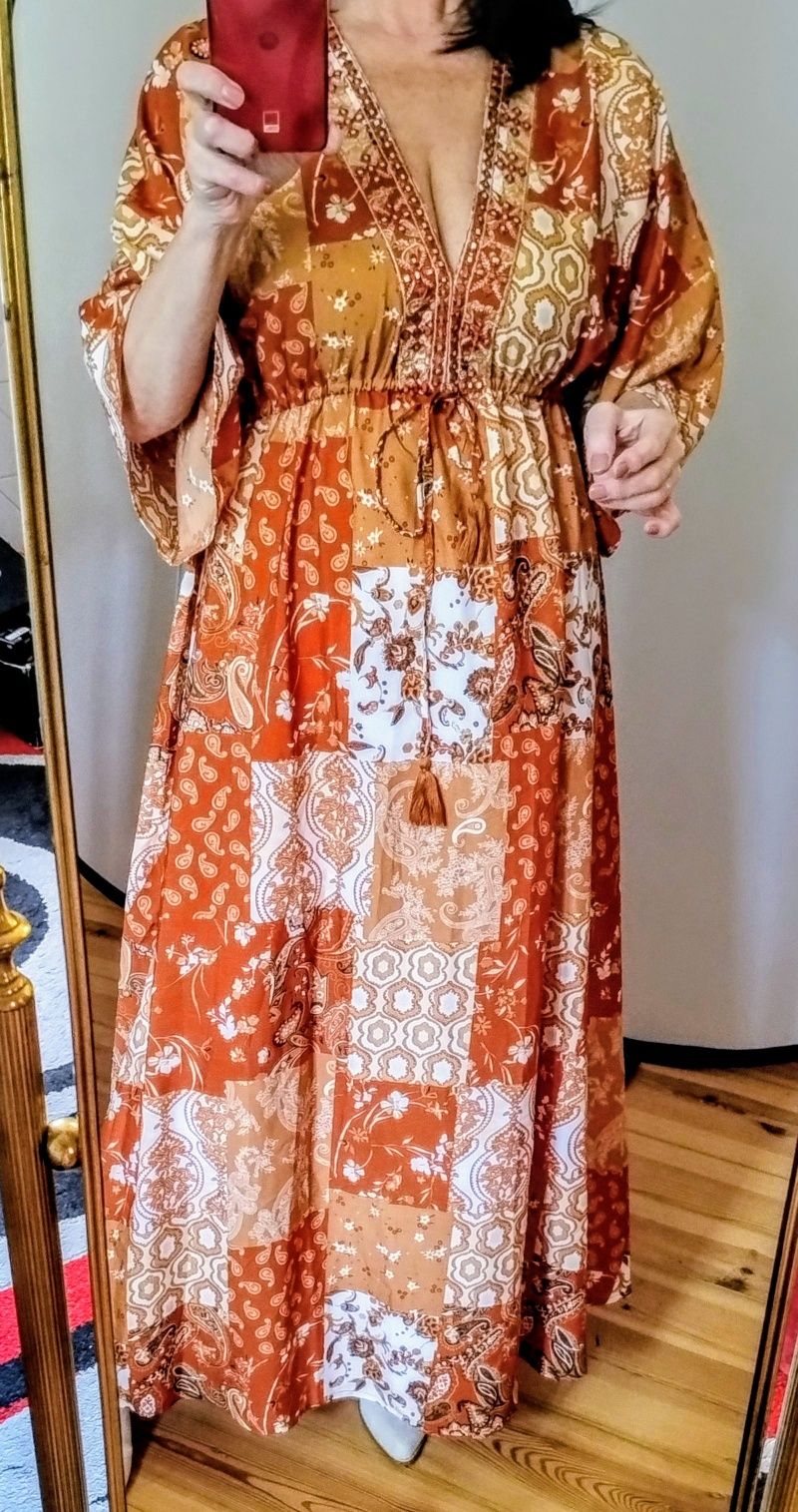 Letnia sukienka na gumce, szerokie rękawy, maxi sukienka