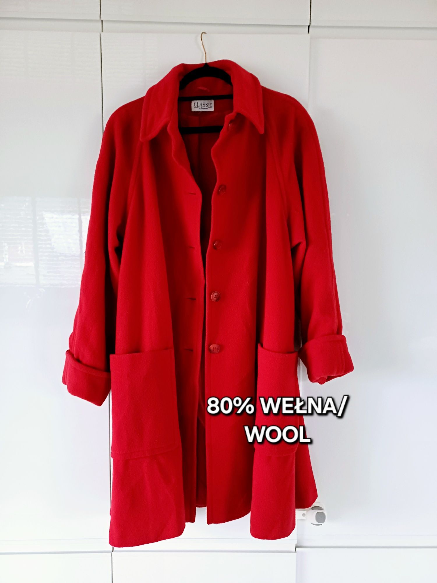 Płaszcz czerwony wełniany wełna vintage wiosenny długi 42 XL