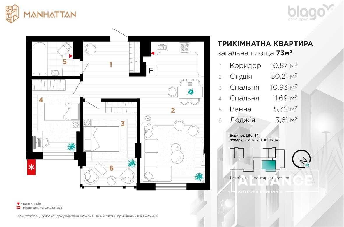 Здана велика 2 кімнатна кухня студія в Manhattan