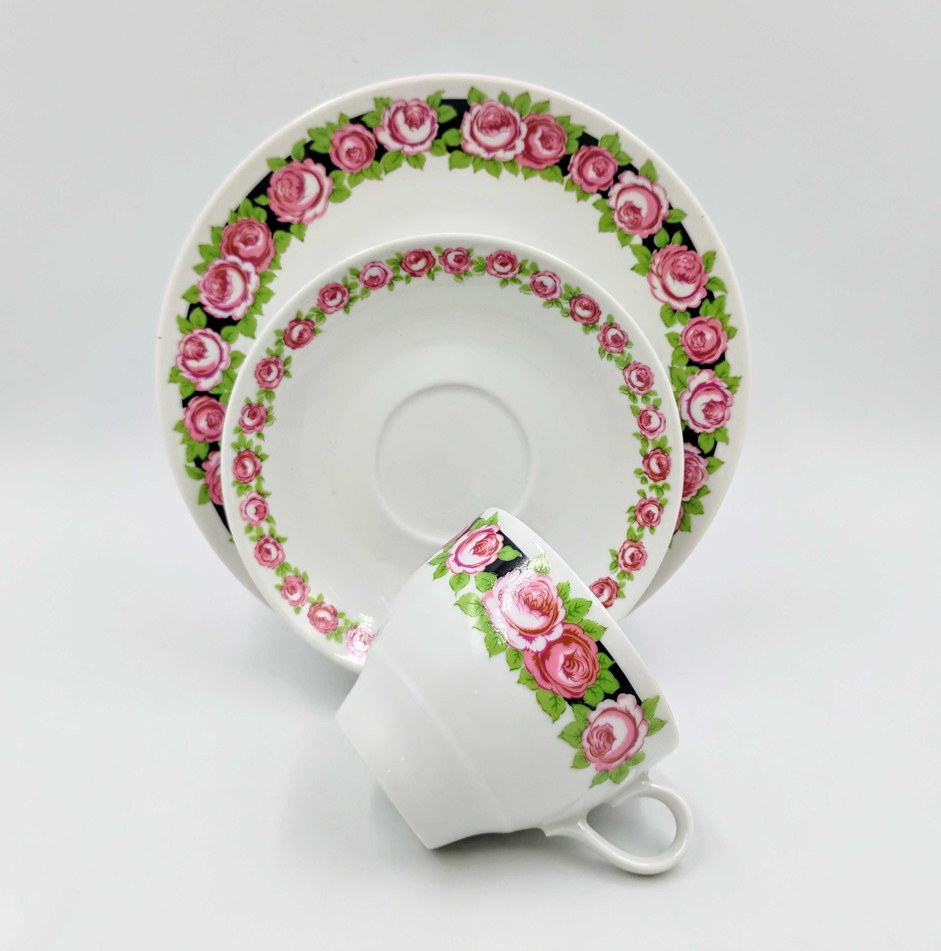 Trio Ilmenau Henneberg róże różyczki filiżanka porcelana retro kwiaty