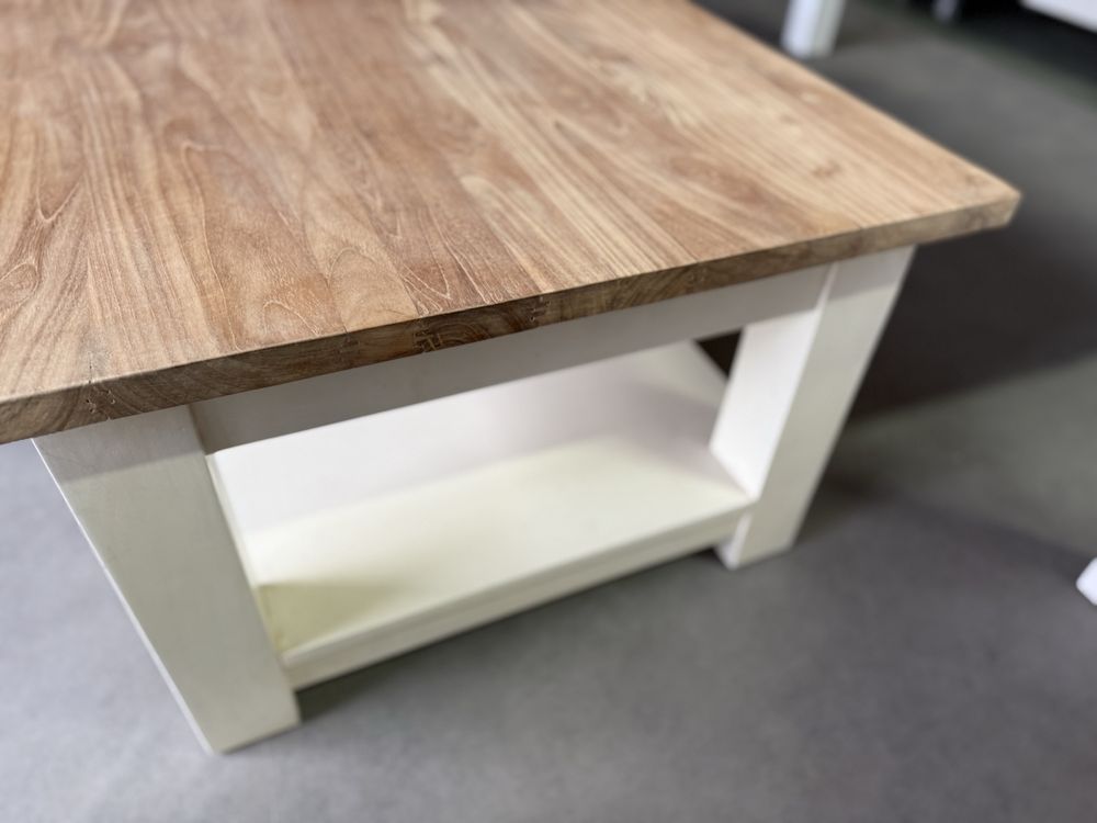 DESIGNERSKI masywny Stolik kawowy duży drewniany tekowy biały mleczny