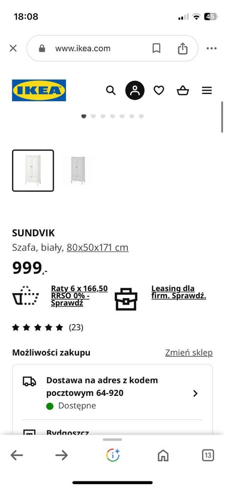 Szafa ikea- model sundvik - możliwosc dostawy.