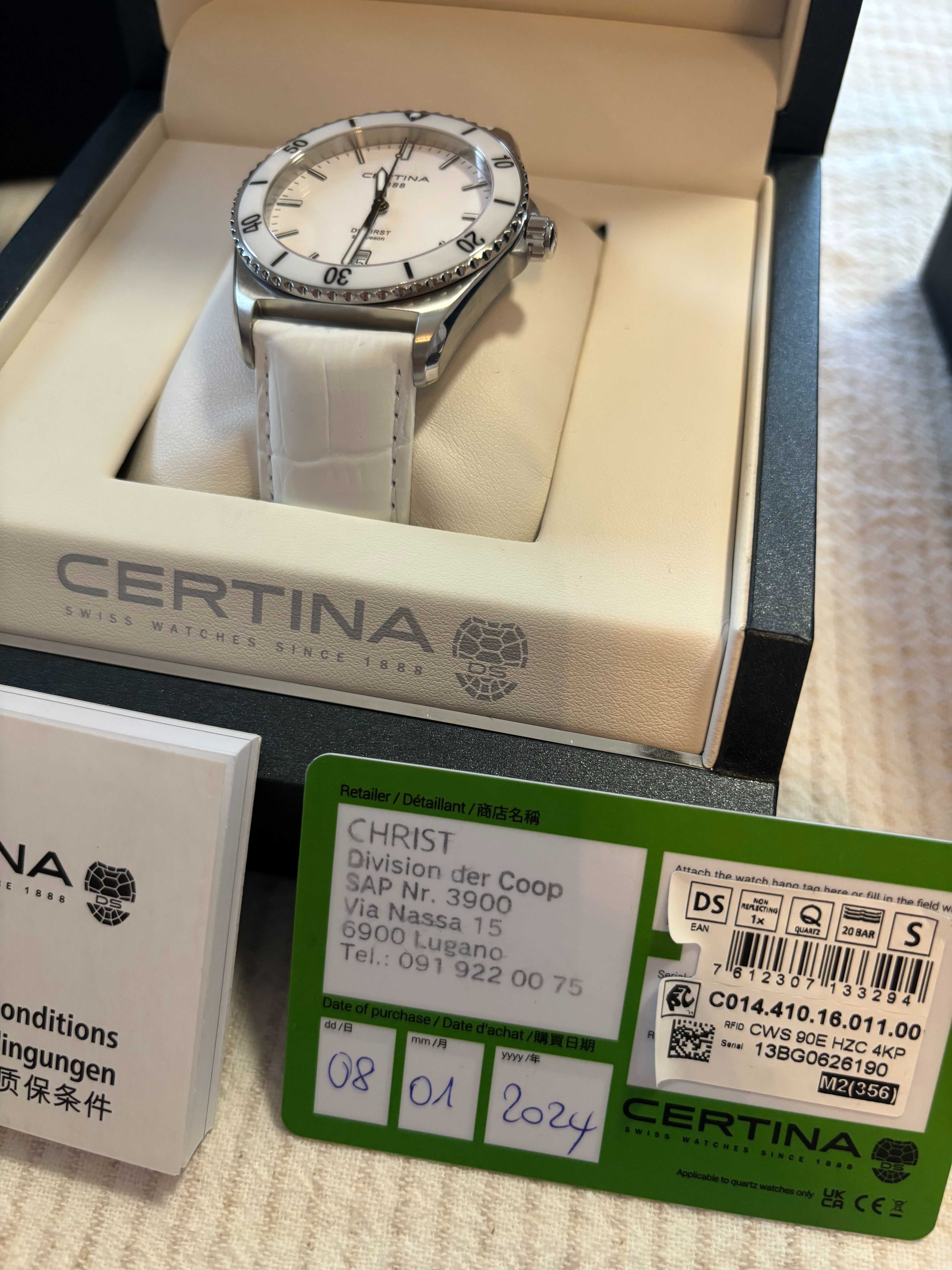nowa CERTINA biały zegarek męski damski unisex 41mm szafir i ceramika