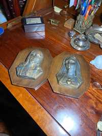 Bustos Sagrado Coração Jesus e Maria Séc XIX Assinados 21 cm