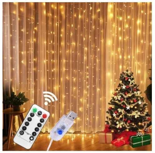 Kurtyna świetlna LED 3X3m 300 led lampki ciepły biały USB