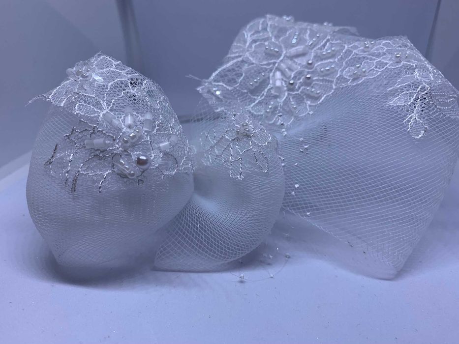 Nowa Tiulowa Kokarda Koronka Opaska Ślub Rękodzieło Perły Diadem  Art