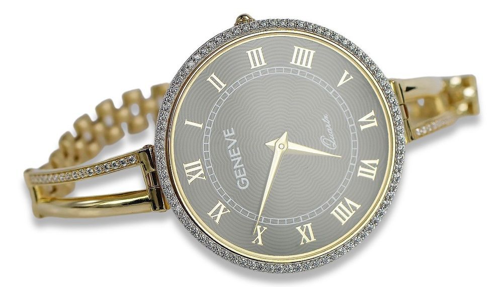 Prześliczny 14K 585 złoty damski zegarek Geneve lw053y Czarna Tarcza G