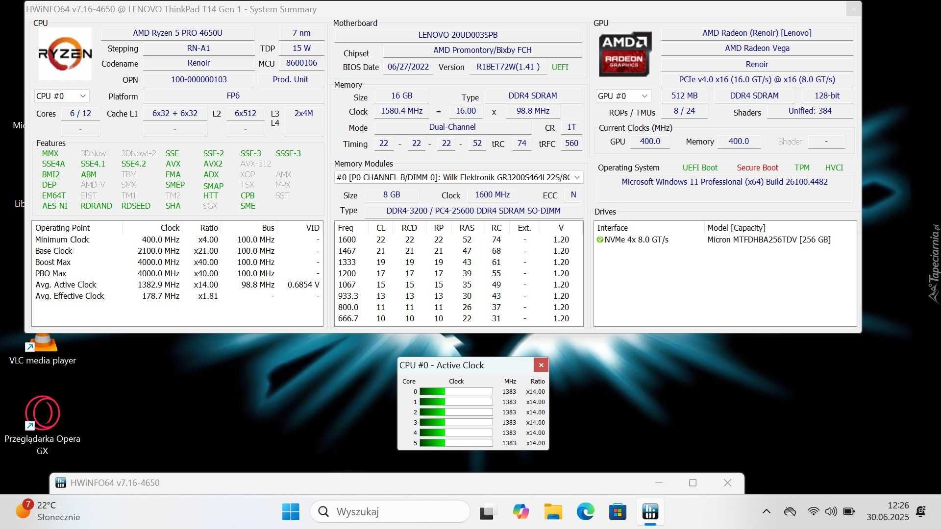 Mocny ThinkPad T14 RYZEN 5/16GbDDR4/256SSDM.2/Windows11/Bateria3-4H
