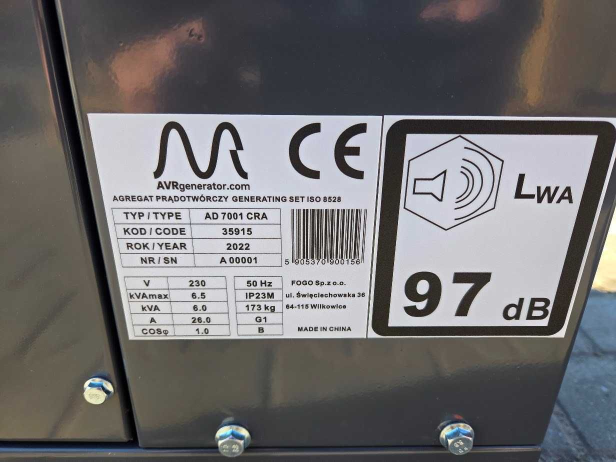 Agregat Prądotwórczy FOGO AD7001CRA Diesel Zabudowany Wyciszony 6,5kW