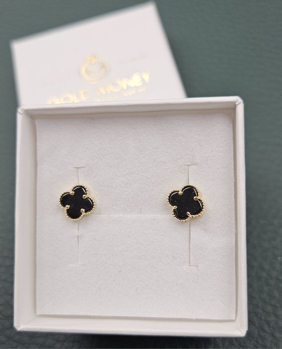 Złote kolczyki 585 z czarnym kamieniem  koniczynki GOLD M