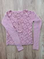 Różowy sweter narzutka z kwadratów w kwiaty XXS/XS
