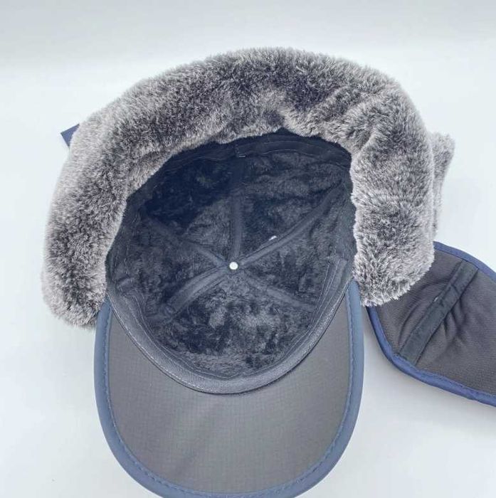 CIEPŁA czapka Zimowa męska Z daszkiem nauszniki z FUTERKIEM niebieska