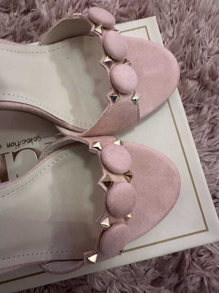 Buty szpilki na obcasie sandałki róż pudrowy zloto