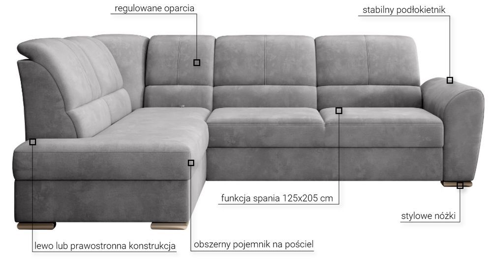 Narożnik  lewostronny rozkładany Siber tapicerowany czarny OUTLET NOWY