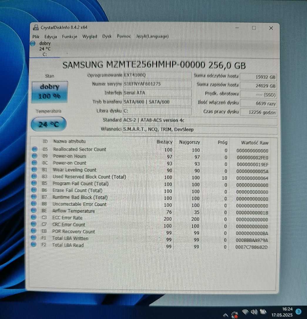 Dysk SSD Samsung MZ-MTE2560, 256GB z interfejsem mSATA.