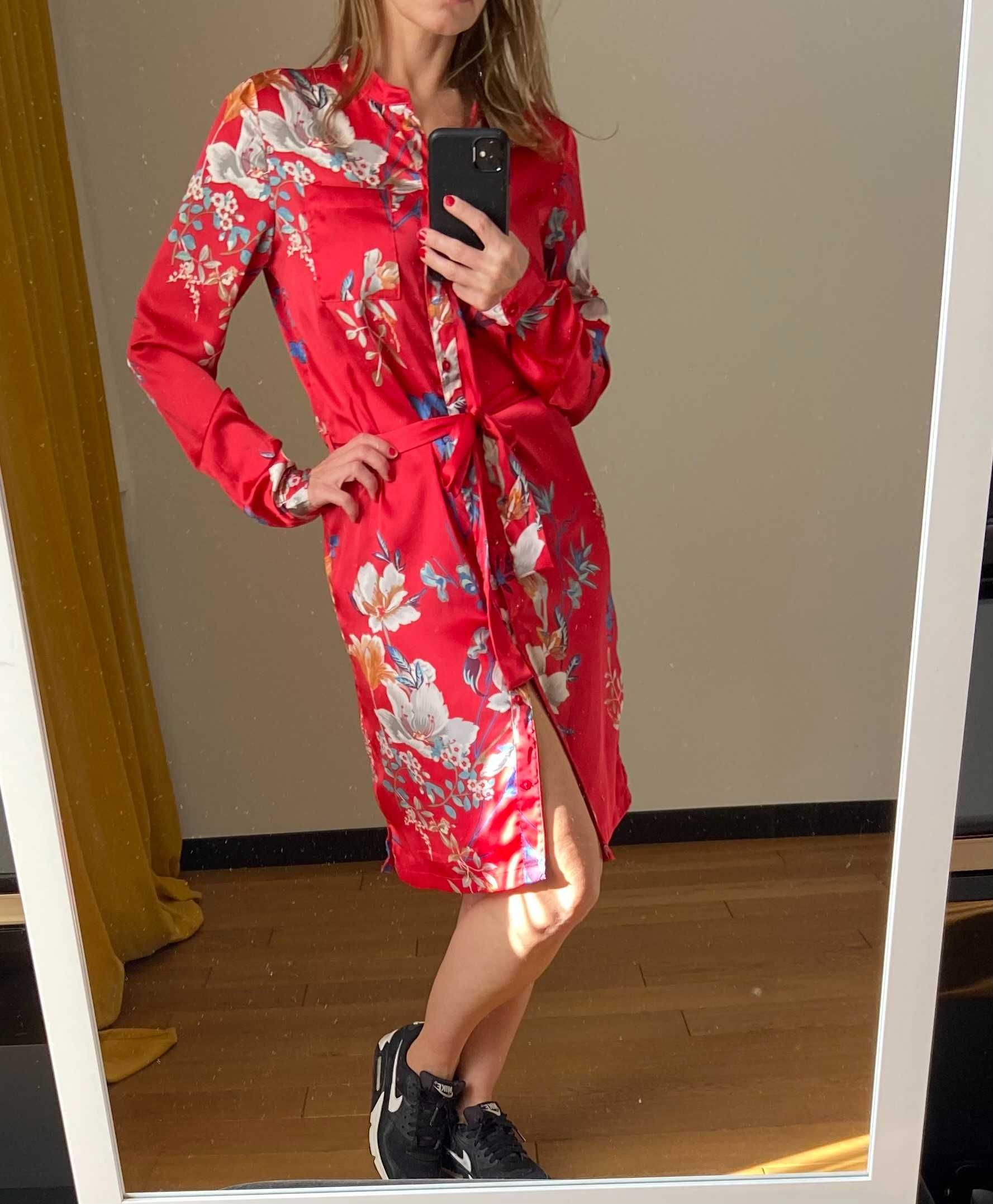OBJECT sukienka japońska kimono szmizjerka czerwona w kwiaty rozm. 34