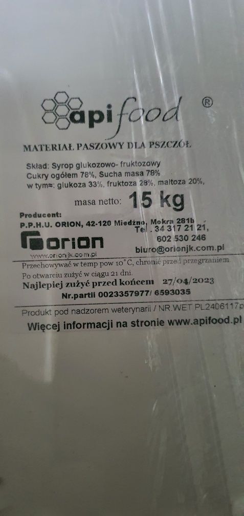 APIFOOD WIADERKO 15 KG inwert pokarm dla pszczół syrop cukier