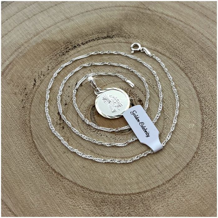 Srebrny Łańcuszek Singapur + Medalik 925 Matka Boska Częstochowska + G