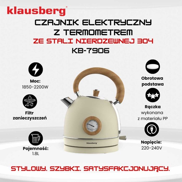 Czajnik Elektryczny 1,8L Z Termometrem Klausberg Kb-7906 Retro