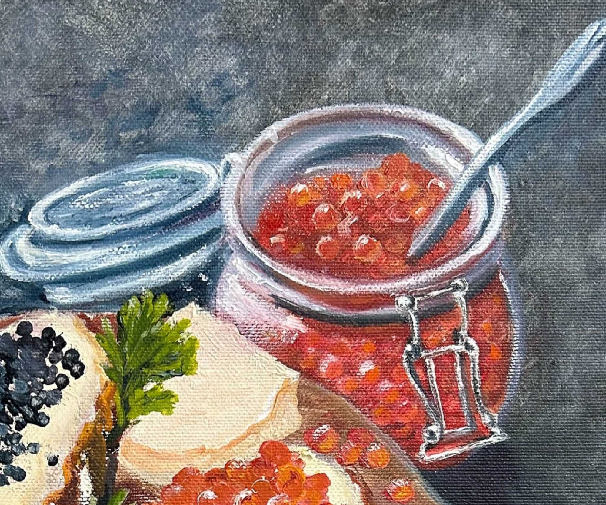 Картины маслом для кухни Натюрморт Икра Сыр Кофе Шоколад Холст 30/30