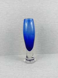 Szklany wazonik Niebieskie szkło Pękaty cylinder Retro szkło