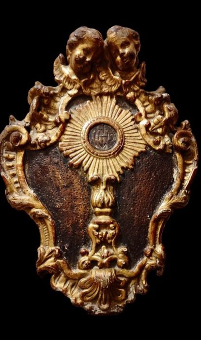 Belo Medalhão Devocional IHS, Barroco, Madeira e Ouro, Séc XVIII