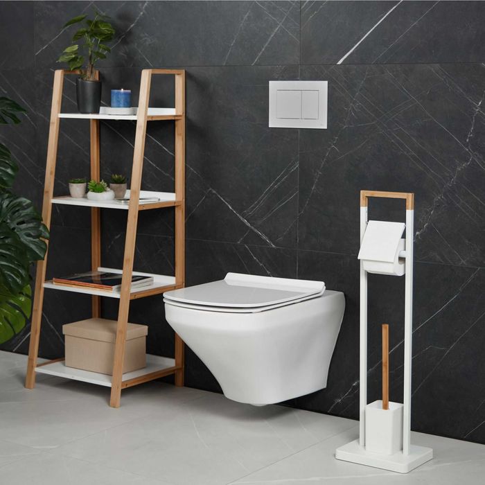 Nowy Zestaw WC Bambusowa Szczotka do Sedesu Uchwyt na Papier Biały