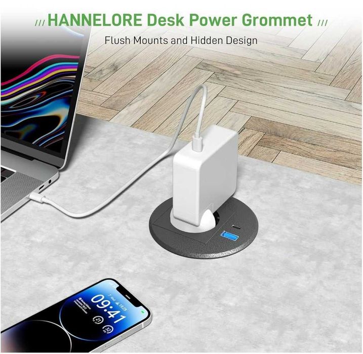 Wpuszczane gniazdko z USB-C PD20W, otwór 80 mm, kabel 2 m, czarne