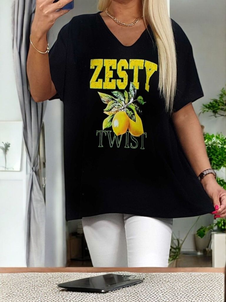 Oversize bawełniana bluzka z nadrukiem uniwersalny rozmiar Plus Size