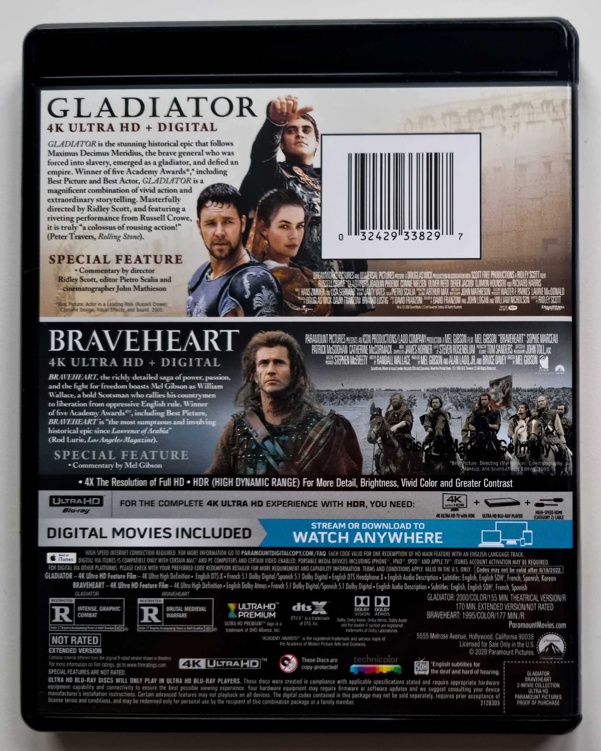 Gladiator i Braveheart 4K UHD Blu-Ray